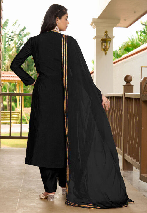 Embroidered Art Silk Pakistani Suit in Black