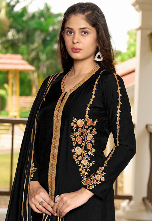 Embroidered Art Silk Pakistani Suit in Black