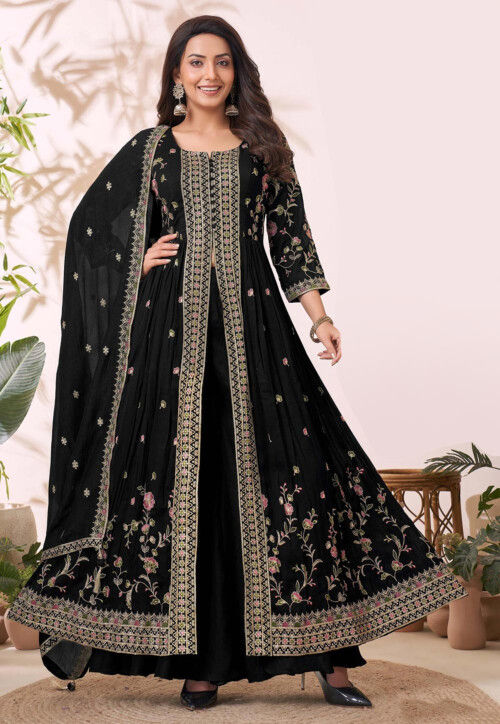 Embroidered Art Silk Pakistani Suit in Black