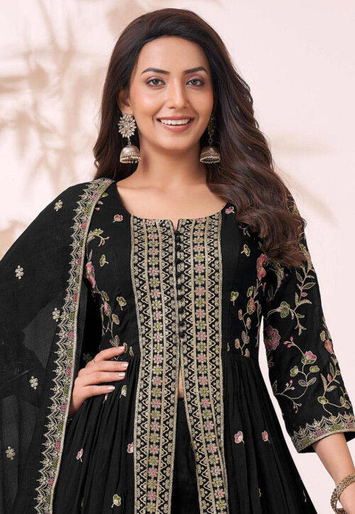 Embroidered Art Silk Pakistani Suit in Black