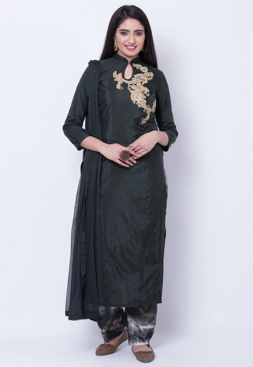 Embroidered Art Silk Pakistani Suit in Dark Green