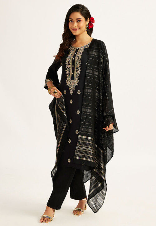 Embroidered Art Silk Pakistani Suit in Black