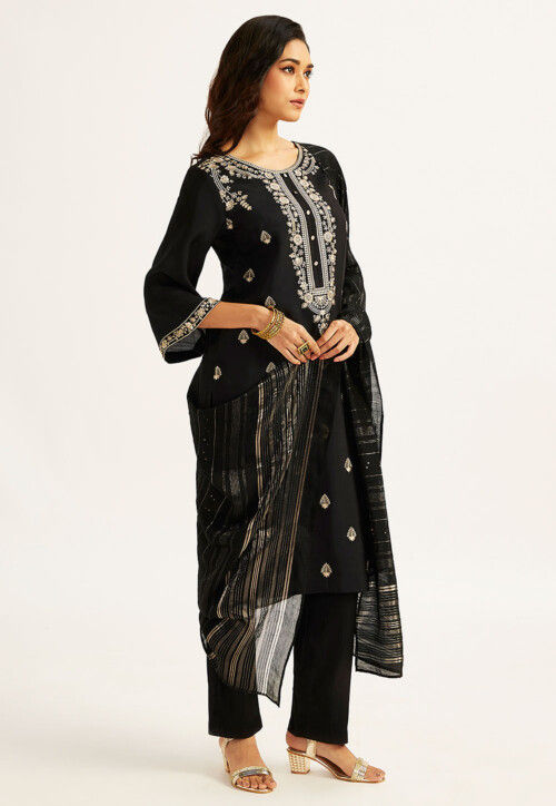 Embroidered Art Silk Pakistani Suit in Black