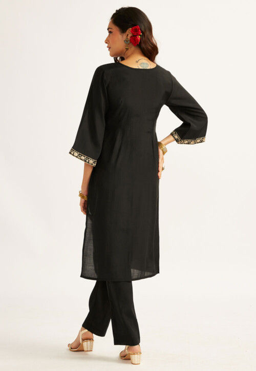 Embroidered Art Silk Pakistani Suit in Black