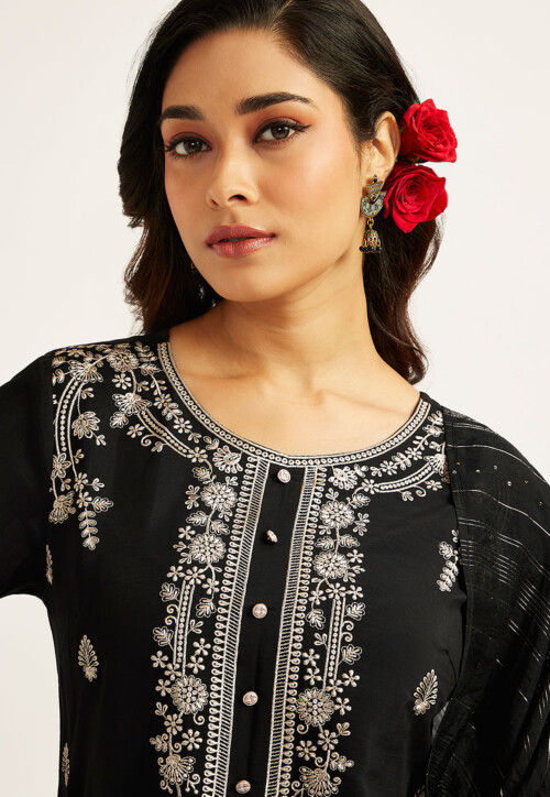 Embroidered Art Silk Pakistani Suit in Black
