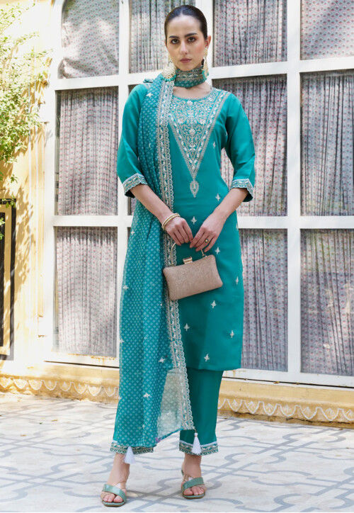 Embroidered Art Silk Pakistani Suit in Blue