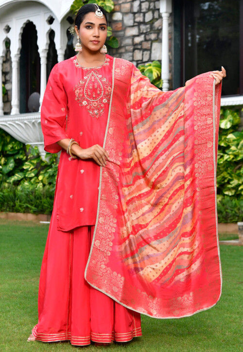Embroidered Art Silk Pakistani Suit in Coral Red
