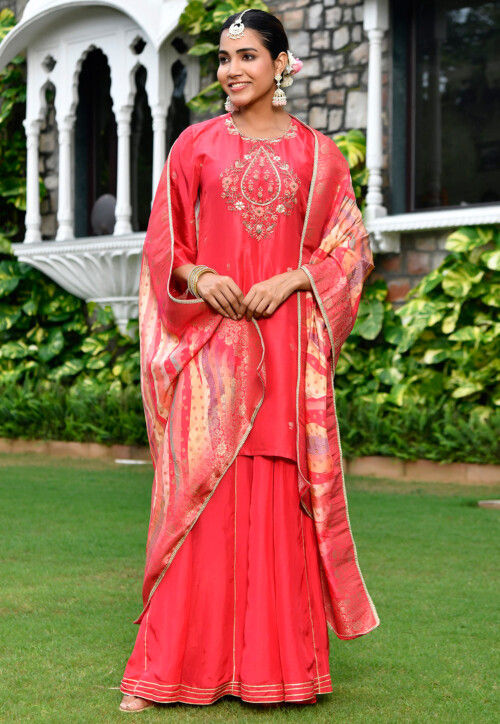 Embroidered Art Silk Pakistani Suit in Coral Red