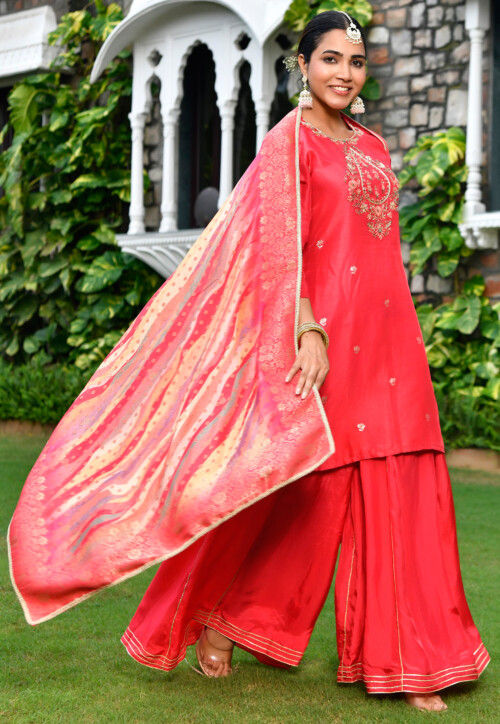 Embroidered Art Silk Pakistani Suit in Coral Red
