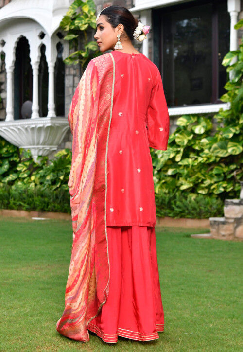 Embroidered Art Silk Pakistani Suit in Coral Red