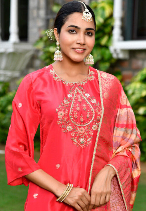 Embroidered Art Silk Pakistani Suit in Coral Red