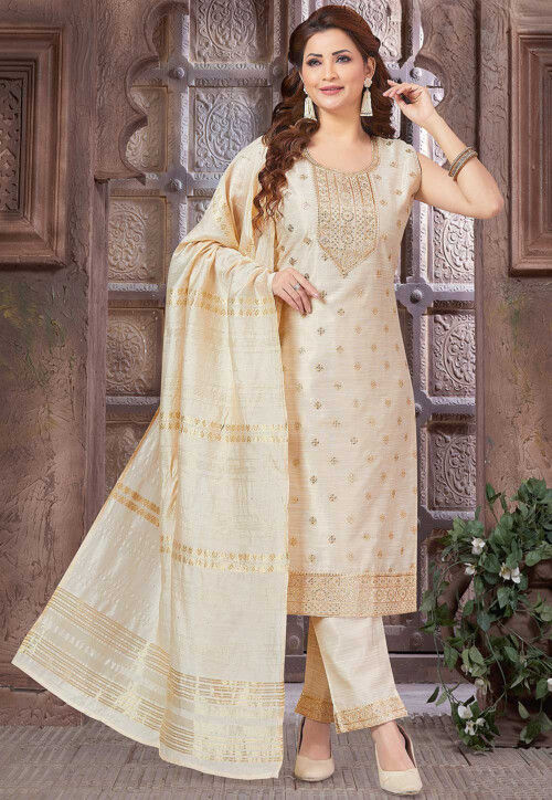 Embroidered Art Silk Pakistani Suit in Cream
