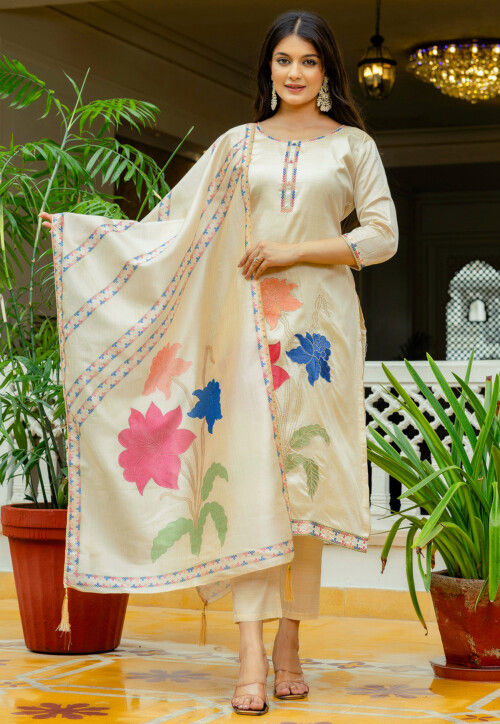 Embroidered Art Silk Pakistani Suit in Cream