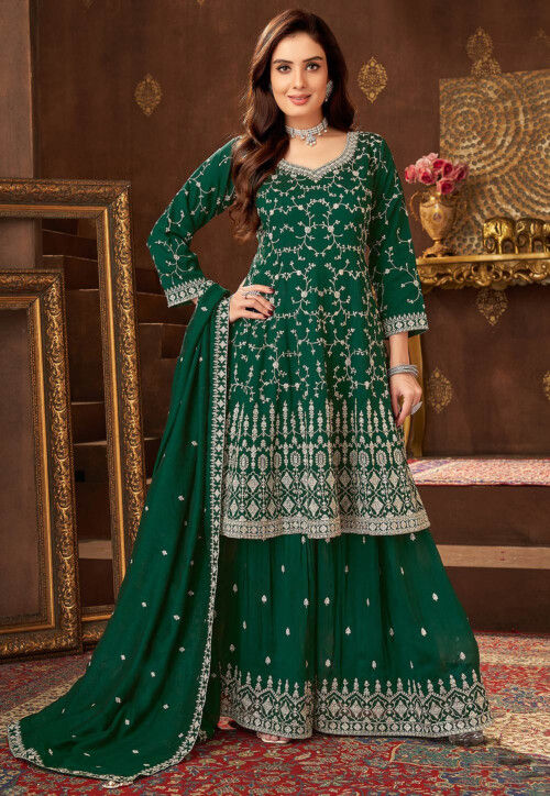 Embroidered Art Silk Pakistani Suit in Dark Green