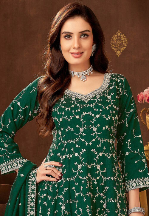 Embroidered Art Silk Pakistani Suit in Dark Green