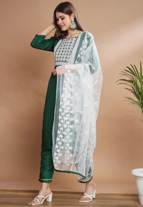 Buy Embroidered Art Silk Pakistani Suit in Dark Green Online : KBNQ4562 -  Utsav Fashion