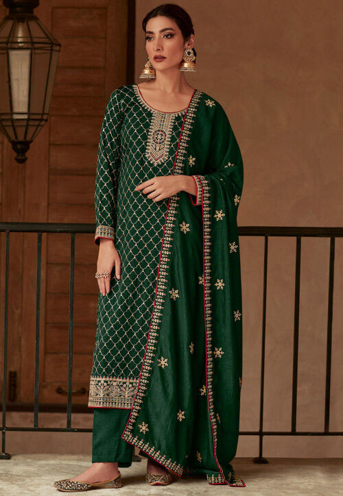 Embroidered Art Silk Pakistani Suit in Dark Green