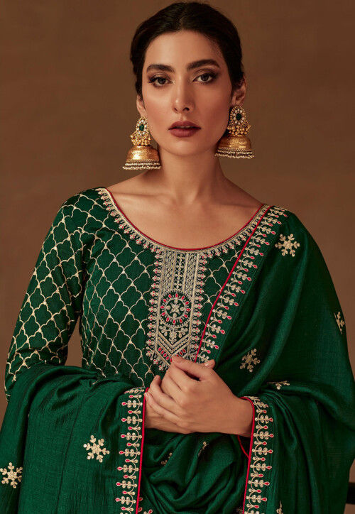 Embroidered Art Silk Pakistani Suit in Dark Green : KCH10439