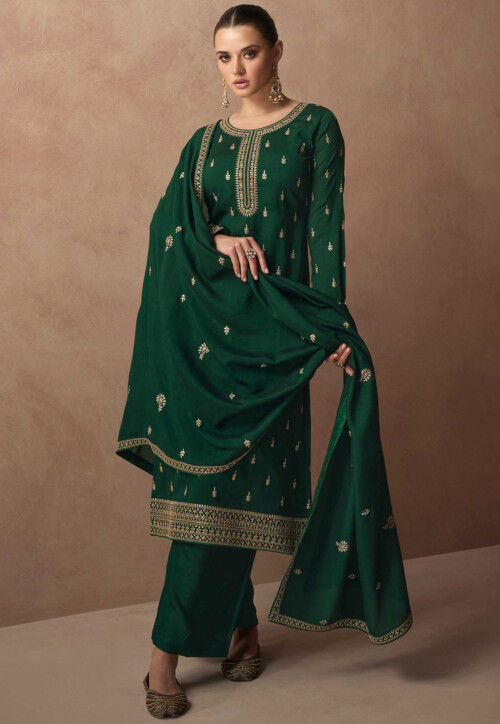 Embroidered Art Silk Pakistani Suit in Dark Green