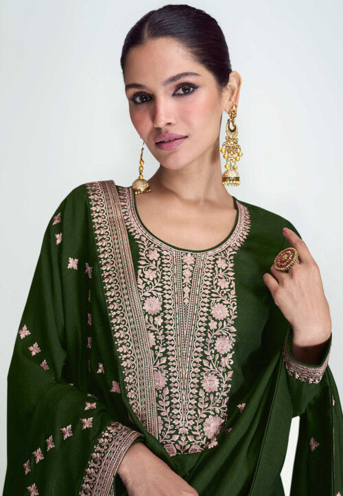 Buy Embroidered Art Silk Pakistani Suit In Dark Green Online Kch11944 Utsav Fashion