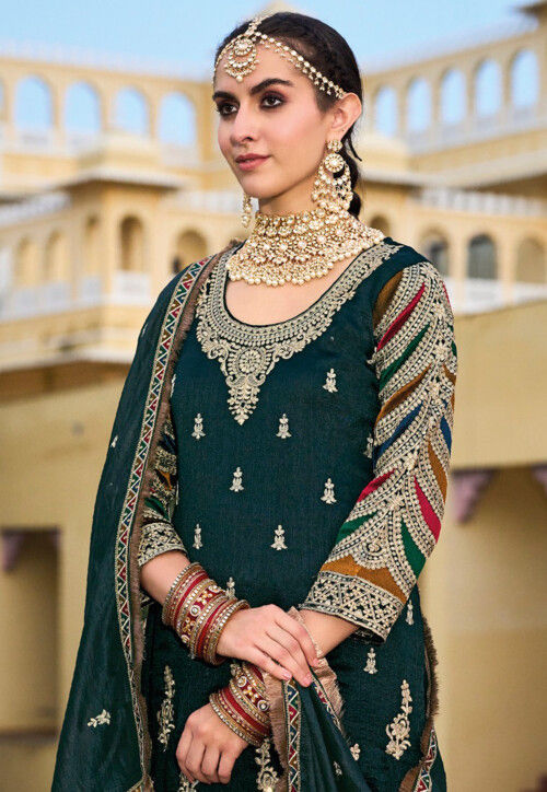 Buy Embroidered Art Silk Pakistani Suit In Dark Green Online Kch12059 Utsav Fashion