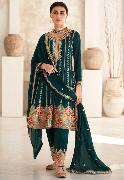 Buy Embroidered Art Silk Pakistani Suit in Dark Green Online