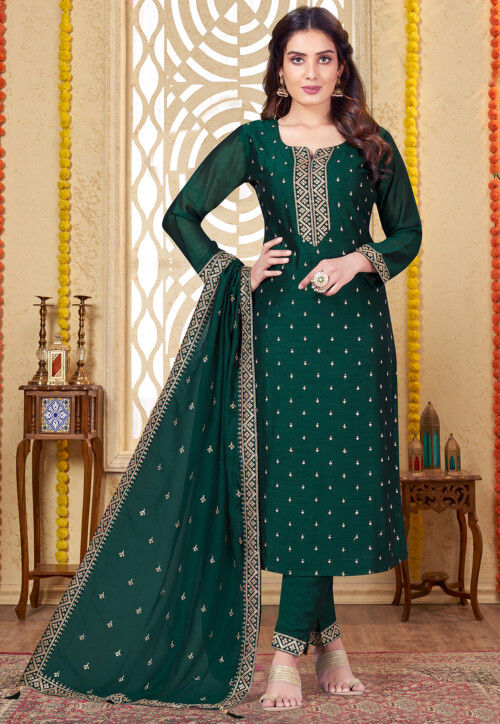 Buy Embroidered Art Silk Pakistani Suit In Dark Green Online Kgzt5136 Utsav Fashion