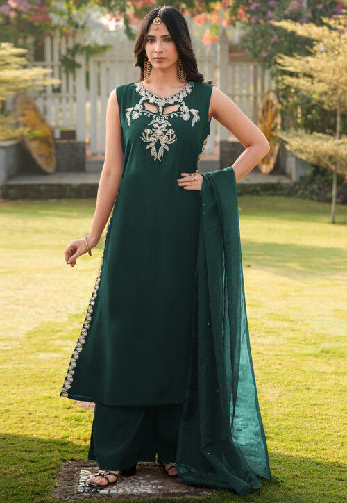 dark green pakistani party dresses Andaaz Fashion Women's Wedding Special Dress Bottle Green Georgette Frock Style Sharara Party Wear Salwar Kameez