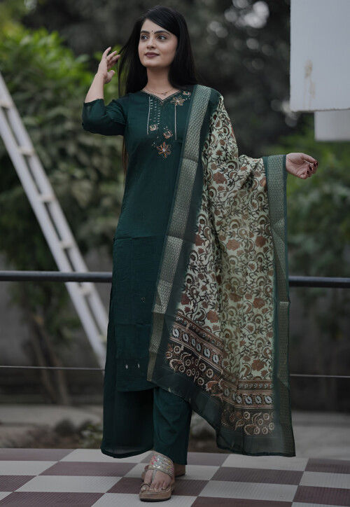Embroidered Art Silk Pakistani Suit in Dark Green
