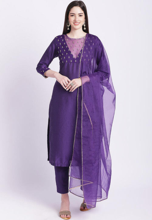 Embroidered Art Silk Pakistani Suit in Dark Purple