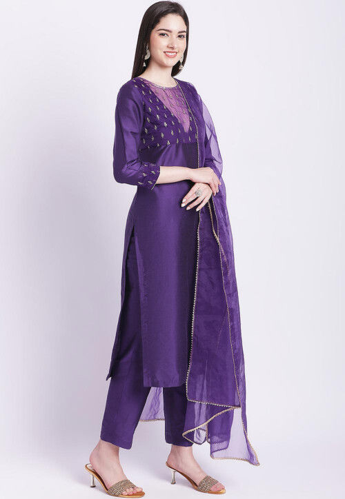 Embroidered Art Silk Pakistani Suit in Dark Purple