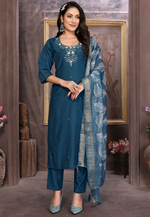 Embroidered Art Silk Pakistani Suit in Dark Teal Blue