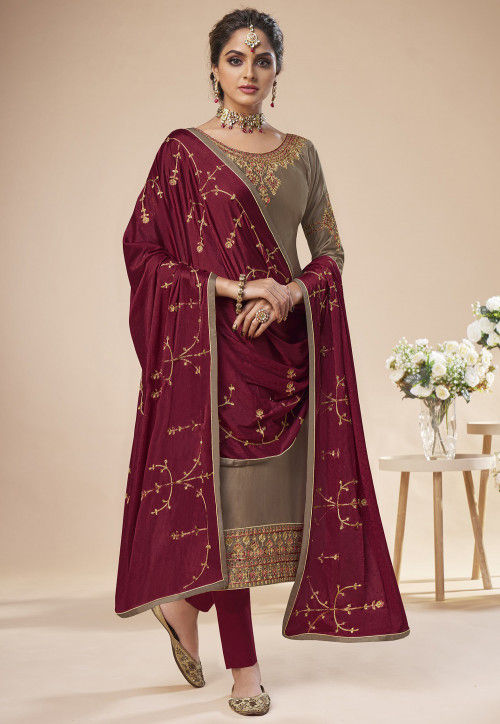 Embroidered Art Silk Pakistani Suit in Fawn