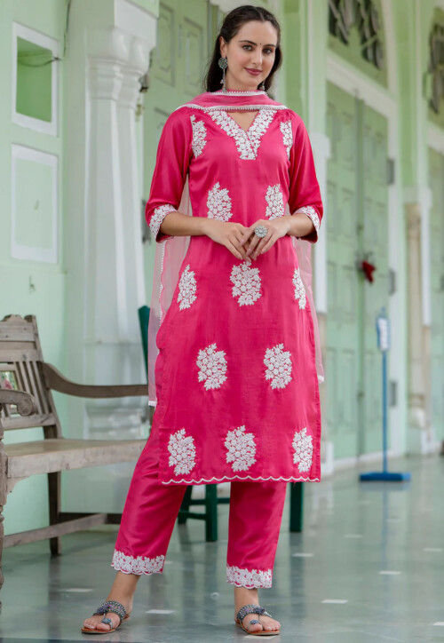 Embroidered Art Silk Pakistani Suit in Fuchsia