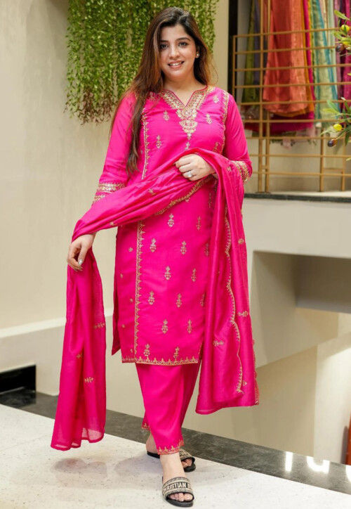 Embroidered Art Silk Pakistani Suit in Fuchsia