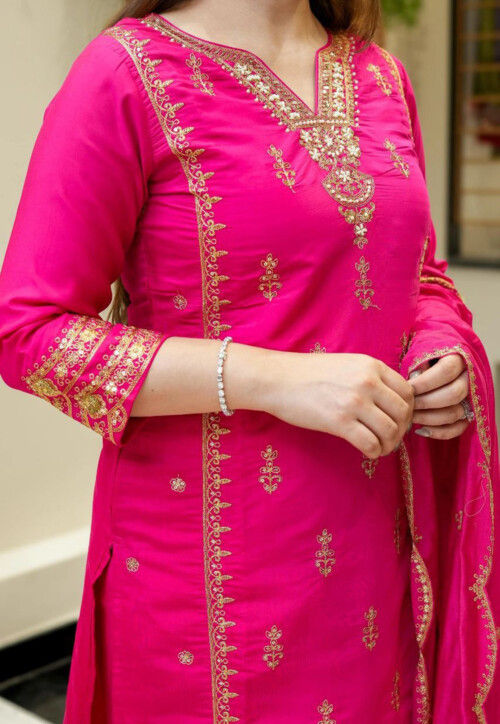 Embroidered Art Silk Pakistani Suit in Fuchsia