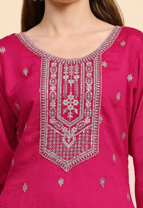 Embroidered Art Silk Pakistani Suit in Fuchsia : KRY1565