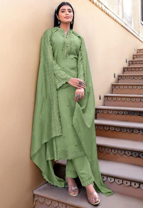 Green Mehndi Faux Georgette Fabric Patiala Suit | Appelle Fashion