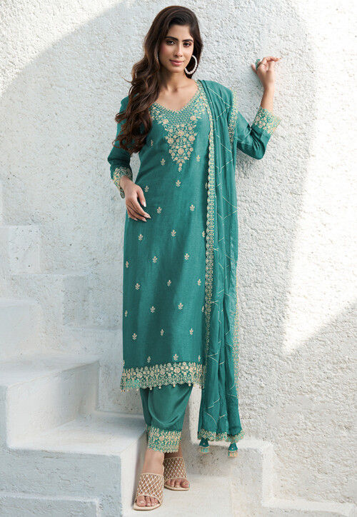Embroidered Art Silk Pakistani Suit in Green
