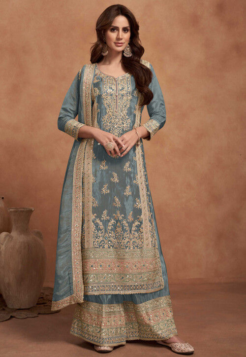 Buy Embroidered Art Silk Pakistani Suit in Grey Online KCH13412 Utsav Fashion
