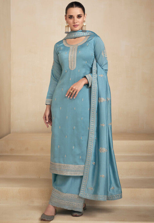 light blue pakistani dress Light Blue Embroidered Netted Pakistani Suit main image 1