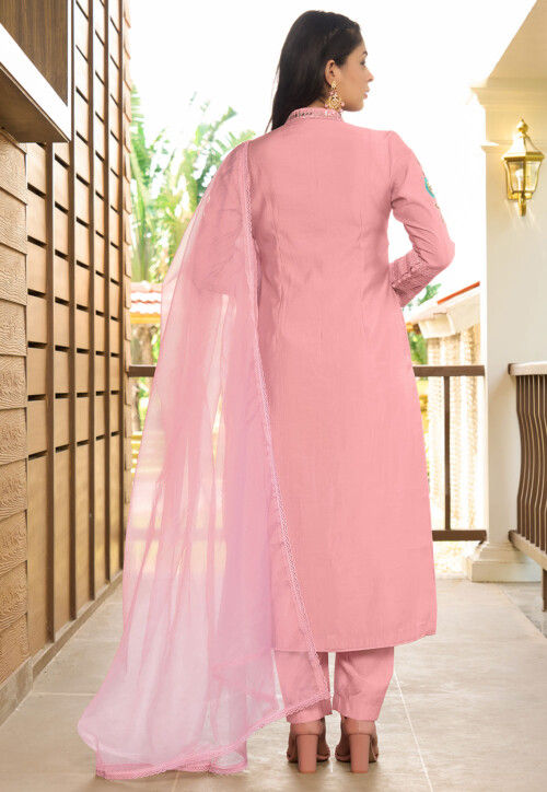 Embroidered Art Silk Pakistani Suit in Light Pink