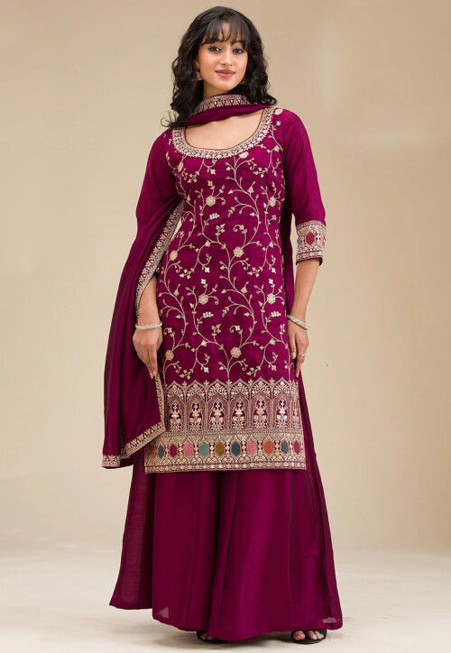Embroidered Art Silk Pakistani Suit in Magenta