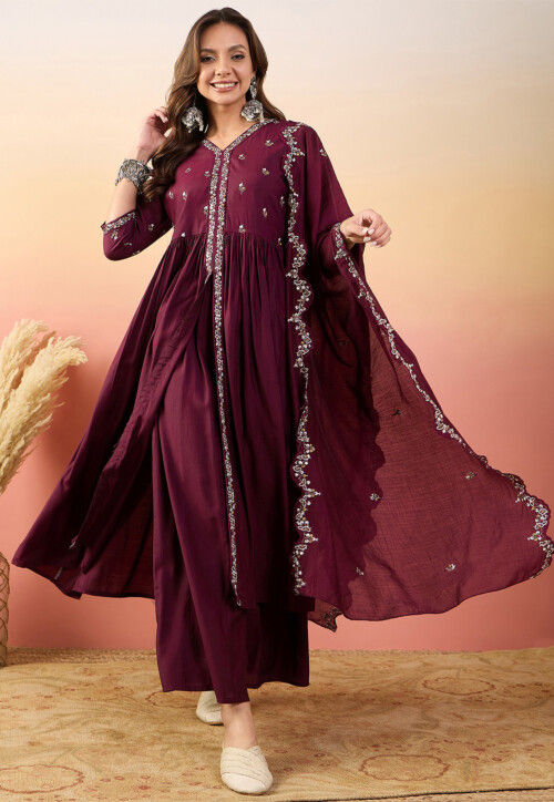 Embroidered Art Silk Pakistani Suit in Maroon