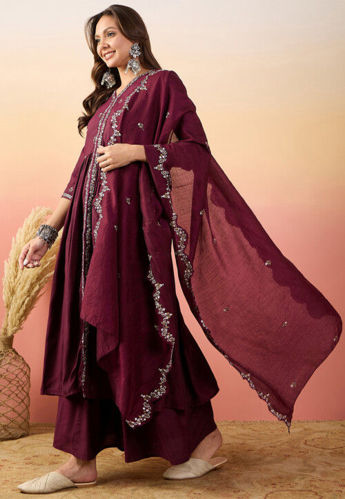 Embroidered Art Silk Pakistani Suit in Maroon