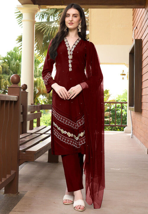 Embroidered Art Silk Pakistani Suit in Maroon