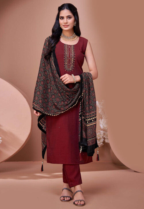 Embroidered Art Silk Pakistani Suit in Maroon