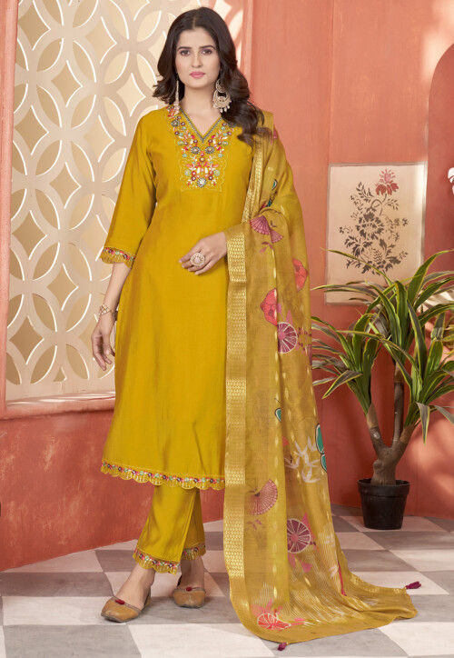 Embroidered Art Silk Pakistani Suit in Mustard