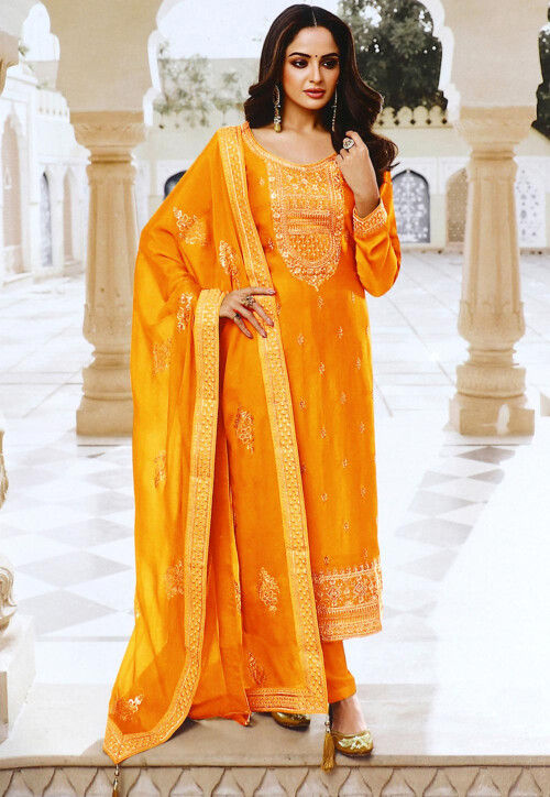 Buy Embroidered Art Silk Pakistani Suit in Mustard Online KJC1930 Utsav Fashion