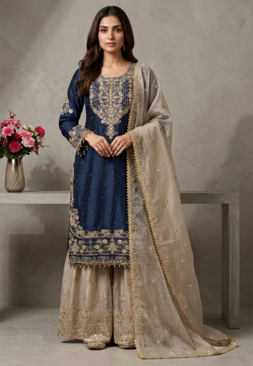 navy blue color pakistani dresses Buy Embroidered Art Silk Suit in Online : KBNQ8469 Explore our collection of crew neck Gothic Black and White Color:Leopard Print